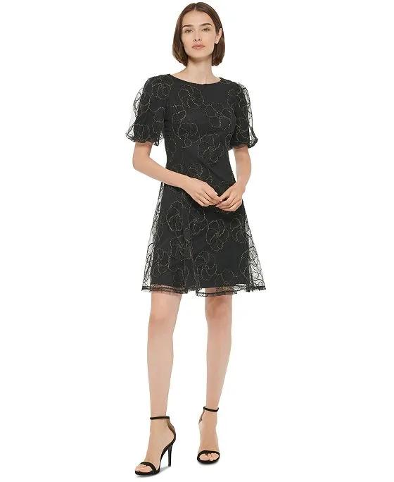Women's Floral-Embellished Puff-Sleeve Dress