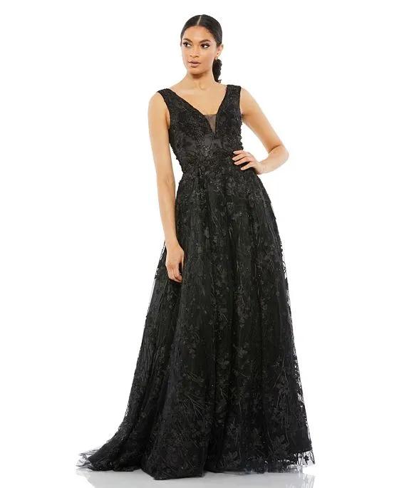 Women's Floral Embroidered Illusion V-Neck Gown