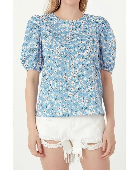 Women's Floral Embroidered Top with Puff Sleeves