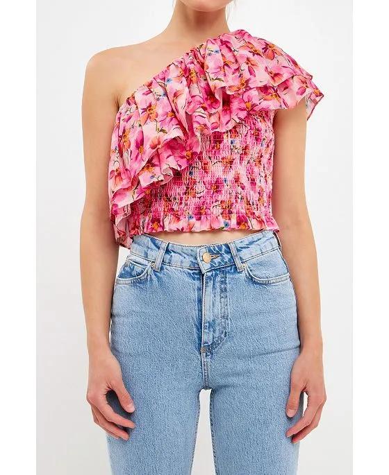 Women's Floral One Shoulder Ruffle Smocked Top