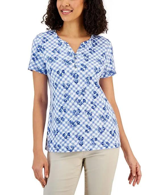 Women's Floral Plaid Printed Henley Top, Created for Macy's