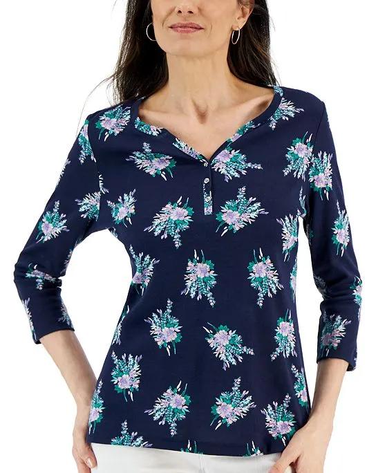 Women's Floral-Print 3/4 Sleeve Henley Top, Created for Macy's