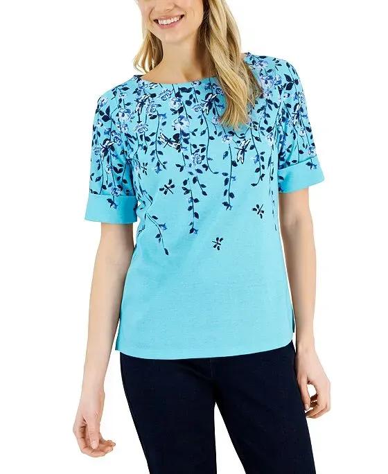 Women's Floral-Print Boatneck Elbow-Sleeve Top, Created for Macy's