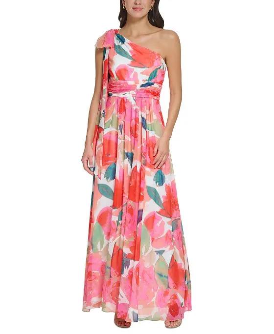 Women's Floral-Print Bow-Tie One-Shoulder Gown