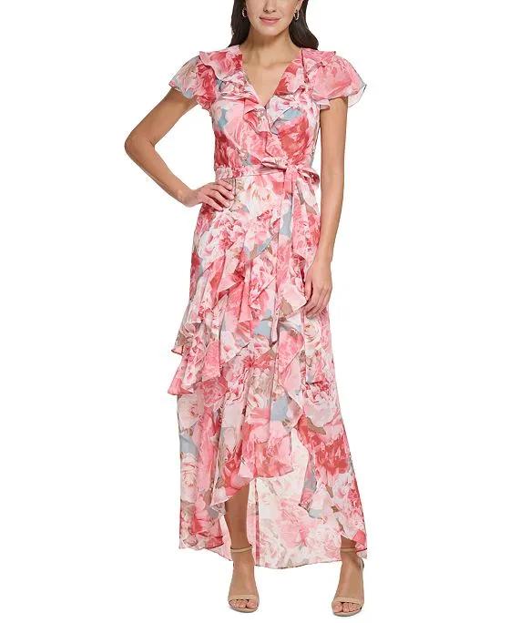 Women's Floral-Print Chiffon Asymmetrical-Ruffled Faux-Wrap Maxi Dress 