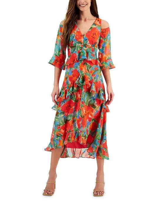 Women's Floral-Print Cold-Shoulder Midi Dress