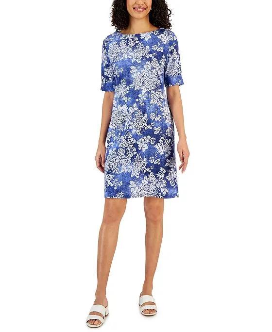 Women's Floral-Print Elbow-Sleeve Dress, Created for Macy's