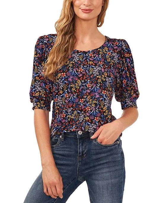 Women's Floral-Print Elbow-Sleeve Knit Top