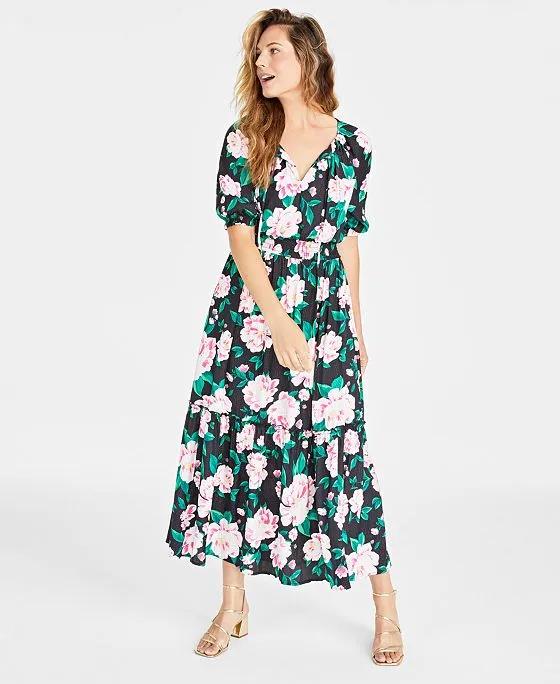 Women's Floral Print Elbow-Sleeve Tiered Maxi Dress, Created for Macy's