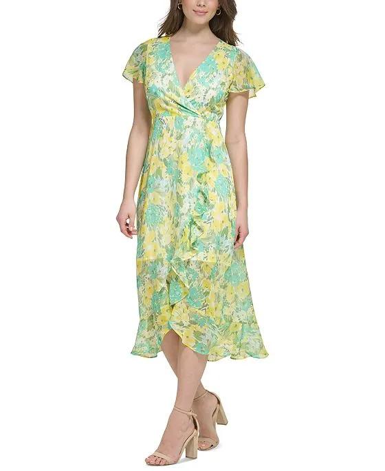 Women's Floral-Print Flutter-Sleeve Faux-Wrap Dress