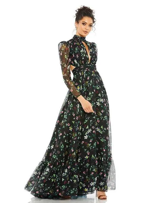 Women's Floral Print High Neck Keyhole Lace Up Gown