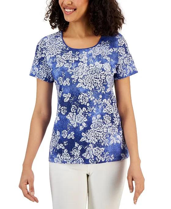 Women's Floral-Print Knit Scoop-Neck Top, Created for Macy's