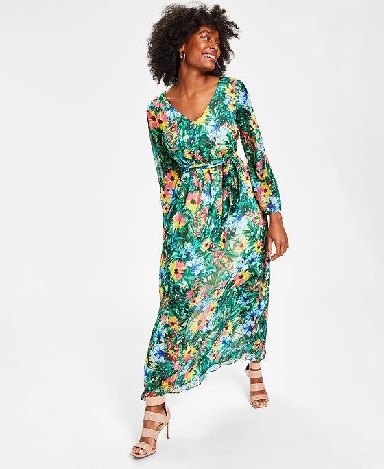 Women's Floral-Print Long-Sleeve V-Neck Maxi Dress, Created for Macy's