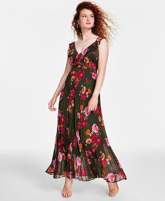 Women's Floral-Print Pleated Ruffled Maxi Dress