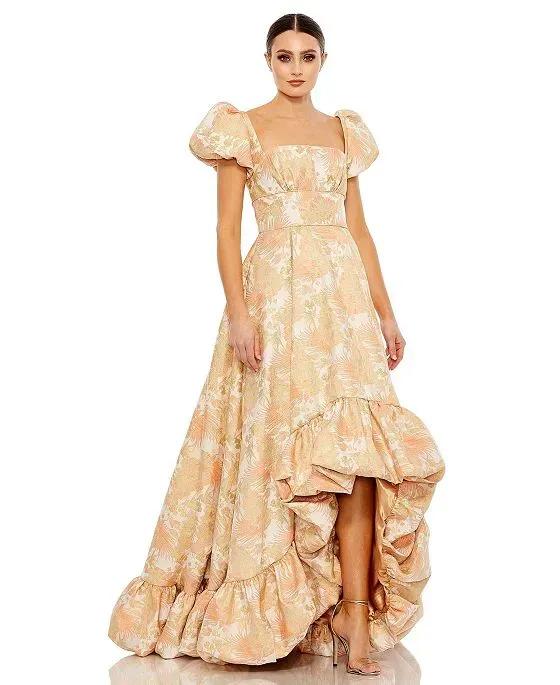 Women's Floral Print Puff Sleeve Hi-Lo Brocade Gown