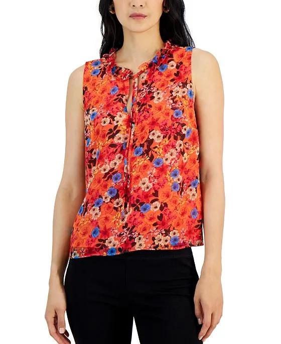 Women's Floral-Print Ruffle-Neck Blouse, Created for Macy's