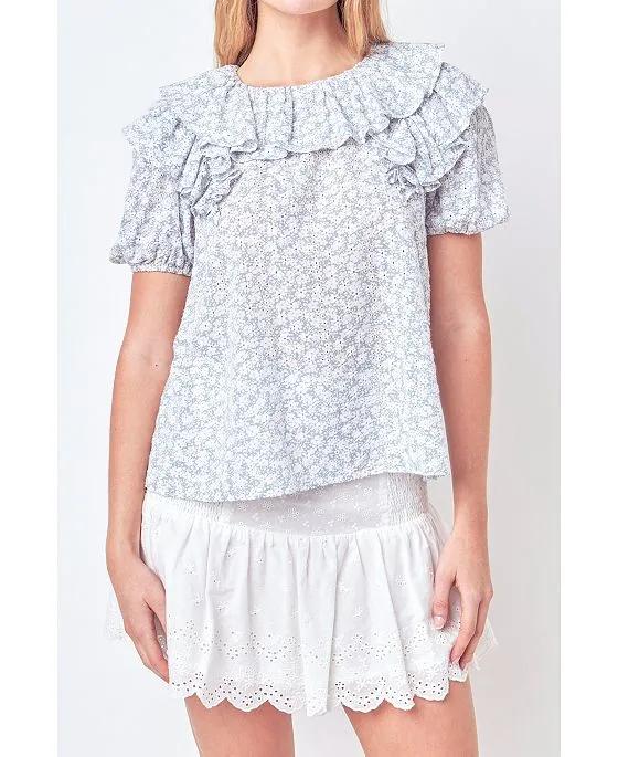 Women's Floral Print Ruffle Top with Puff Sleeves