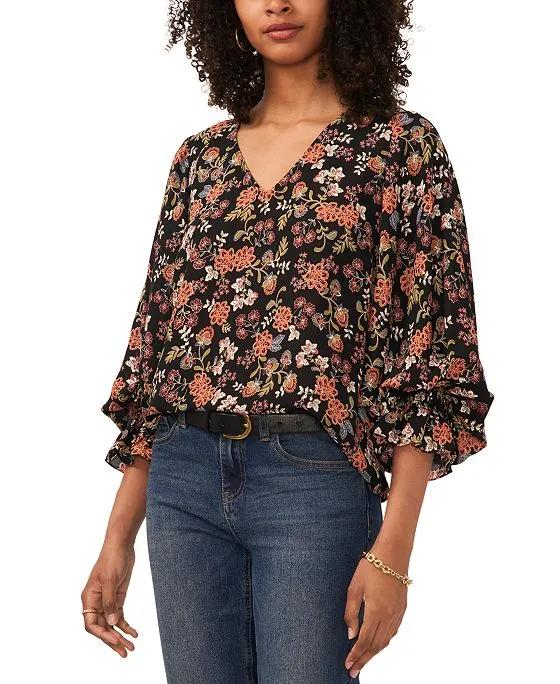Women's Floral-Print Smocked-Cuff Top