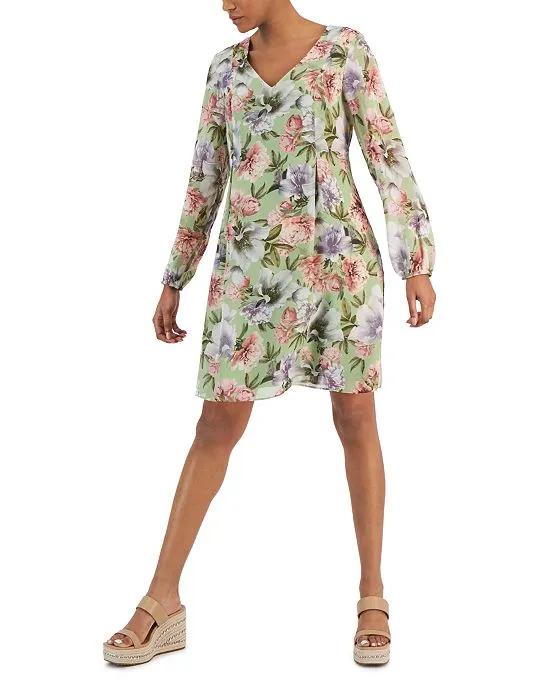 Women's Floral-Print Tie-Back Long-Sleeve Dress, Created for Macy's