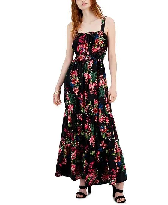 Women's Floral-Print Tiered Tie-Waist Maxi Dress, Created for Macy's