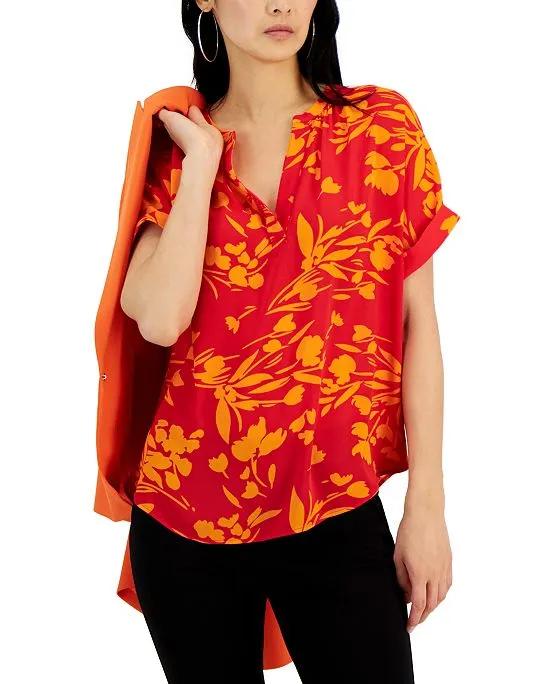 Women's Floral-Printed V-Neck Drop-Shoulder Top