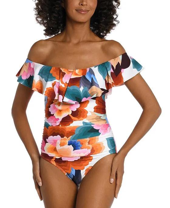 Women's Floral Rhythm Off-The-Shoulder Ruffle-Trim One-Piece Swimsuit