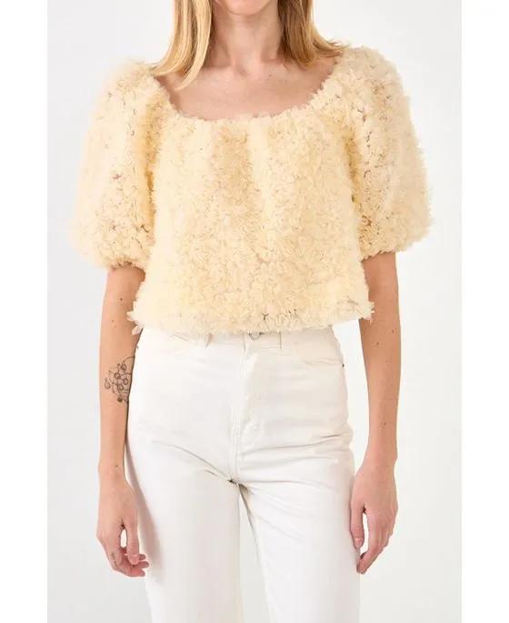 Women's Floral Tulle Puff Sleeve Top