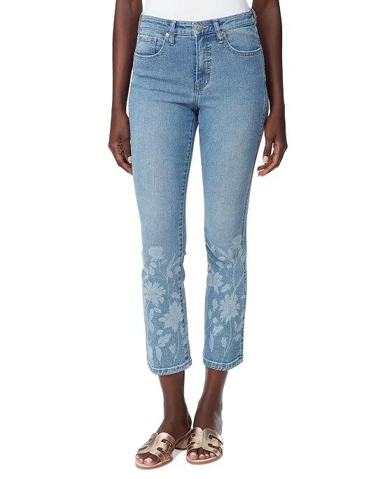 Women's Flower-Pattern Slim Cropped Kick-Flare Jeans