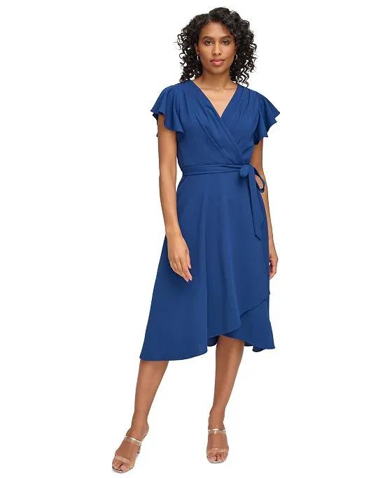 Women's Flutter-Sleeve Faux-Wrap Dress