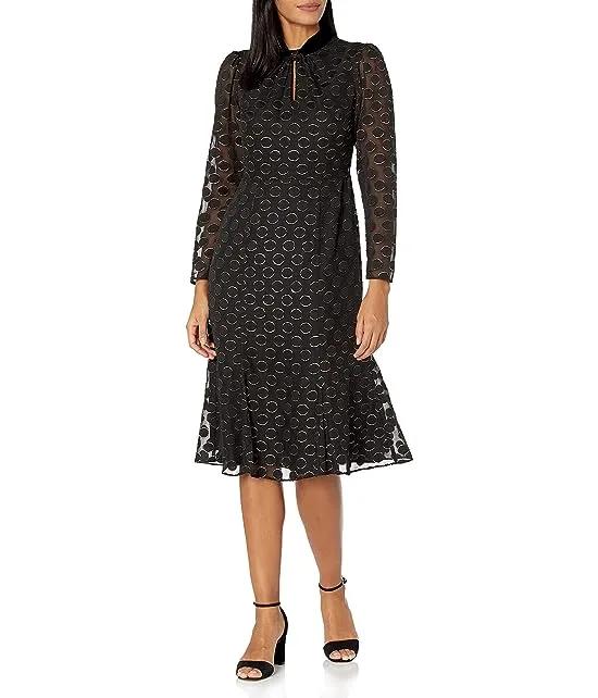 Women's Foiled Textured Polka Dot Keyhole Fit and Flare Dress