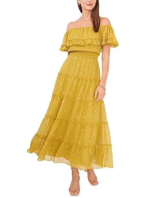 Women's Foiled Tiered Off-The-Shoulder Maxi Dress