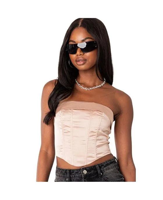 Women's Fold Over Satin Lace Up Corset Top
