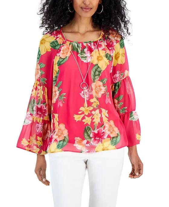 Women's Gardenia-Print Necklace Tiered-Sleeve Top, Created for Macy's