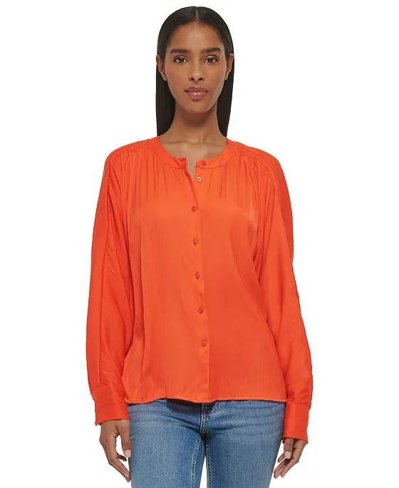 Women's Gathered Dolman-Sleeve Button-Front Blouse
