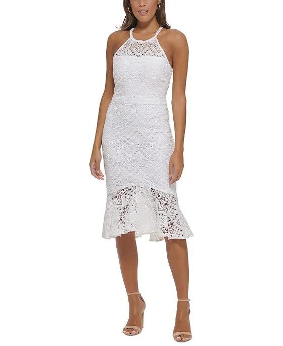 Women's Geo Lace Flounce-Hem Sheath Dress