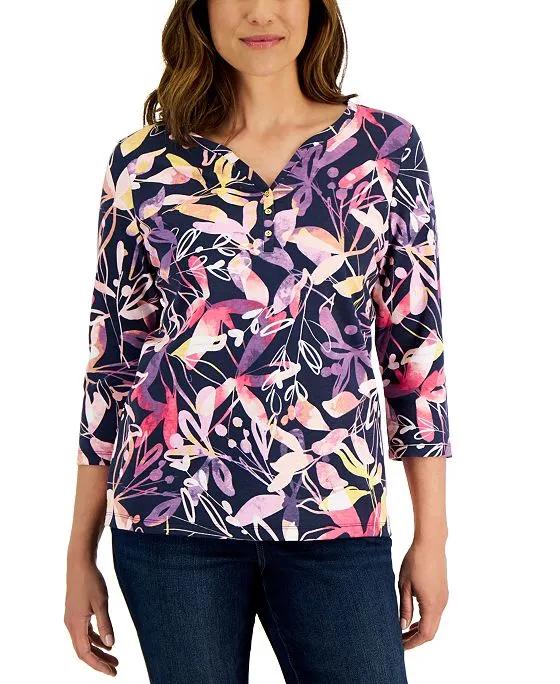 Women's Gestural Floral-Print 3/4-Sleeve Henley Top, Created for Macy's
