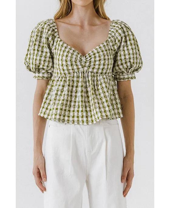 Women's Gingham Check Top with  Embroidery