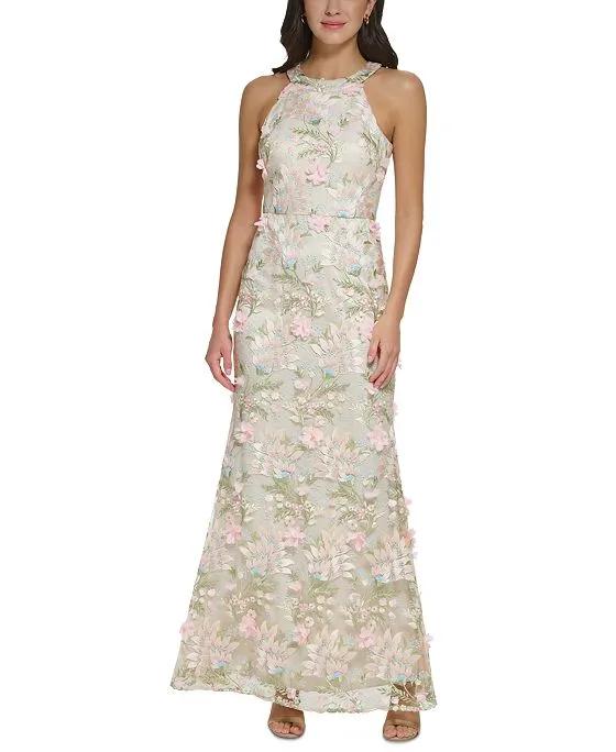 Women's Halter-Neck Floral-Embroidered Gown