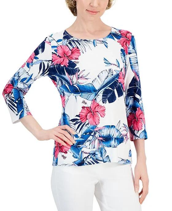 Women's Hibiscus Palm Scoop-Neck Jacquard Top, Created for Macy's