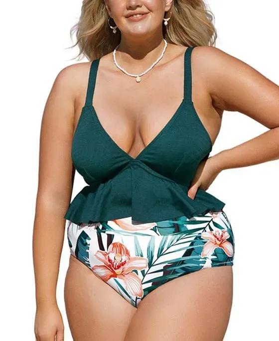 Women's High Waisted Green and Floral Ruffled Plus Size Bikini