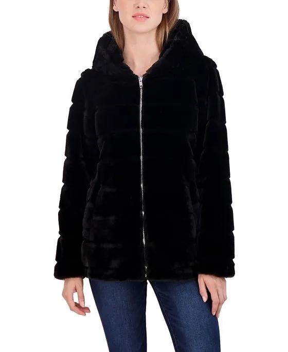 Women's Hooded Grooved Faux Fur Zip Front Coat