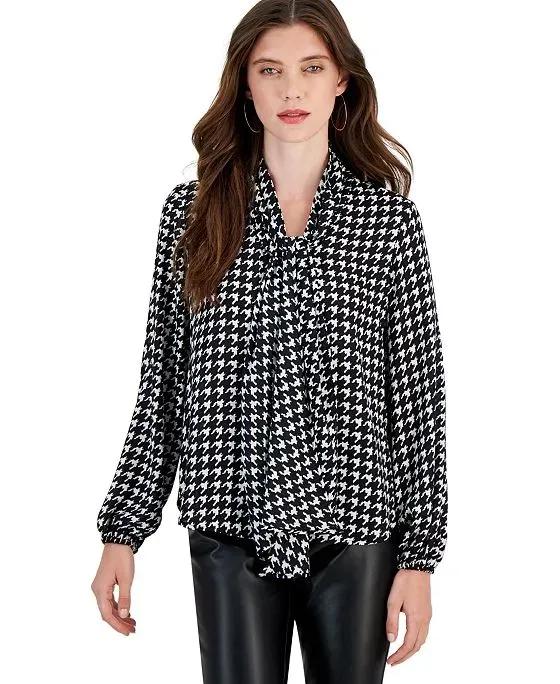 Women's Houndstooth Tie-Neck Long-Sleeve Blouse, Created for Macy's