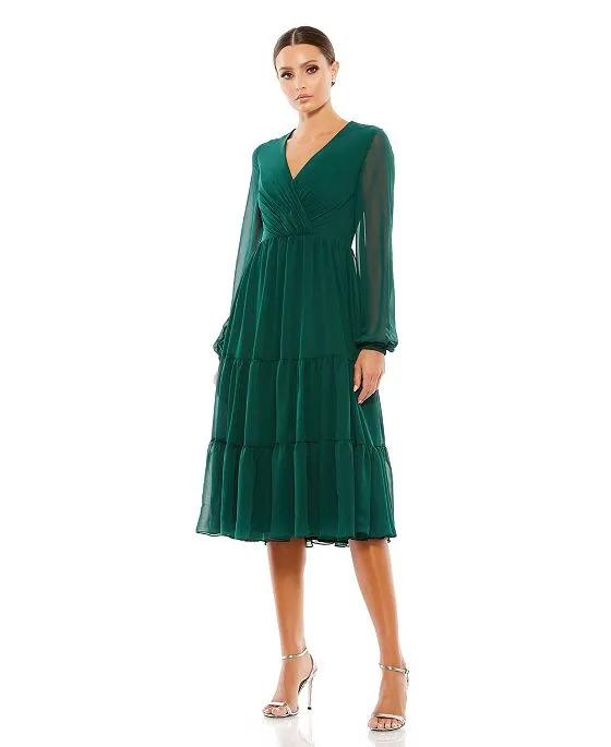 Women's Ieena Illusion Sleeve Ruched V Neck Tiered Midi Dress