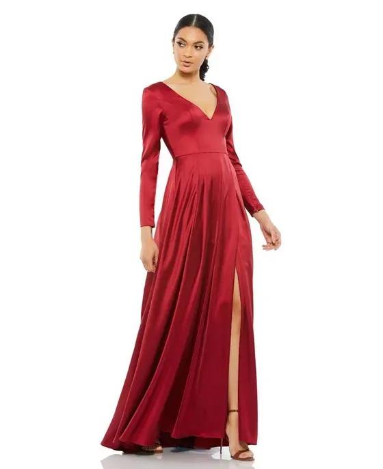 Women's Ieena Satin V Neck Long Sleeve Pleated Gown