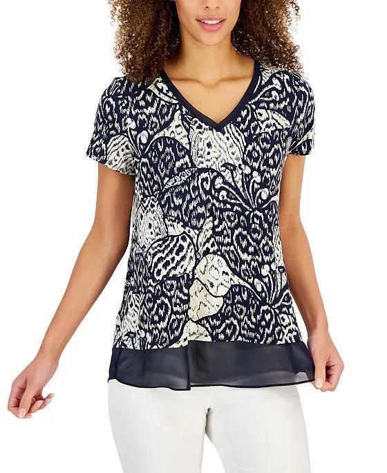 Women's Ikat-Print Sheer-Hem Layered-Look Top, Created for Macy's