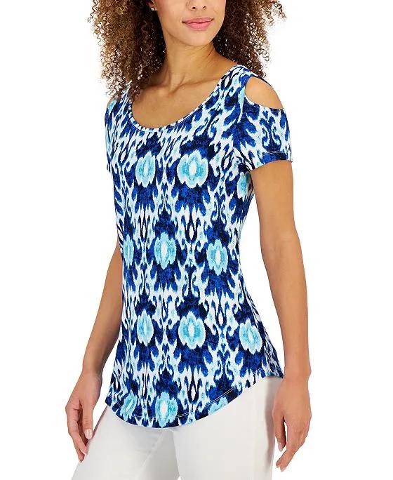 Women's Ikat Printed Knit Cold-Shoulder Top, Created for Macy's
