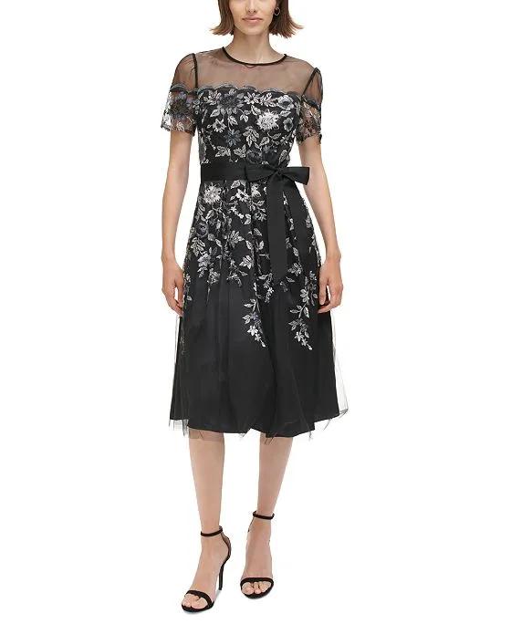 Women's Illusion-Neck Embroidered Mesh Dress 