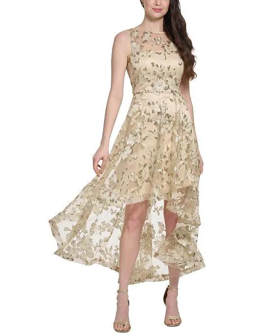 Women's Illusion-Yoke Embroidered Sequinned High-Low Dress  