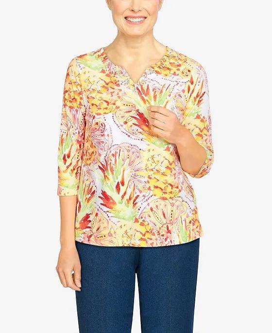 Women's Key Items Tropical Pineapple Print Knit Split Neck Top