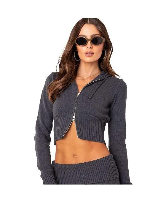 Women's Knitted Hooded Cardigan With Zipper
